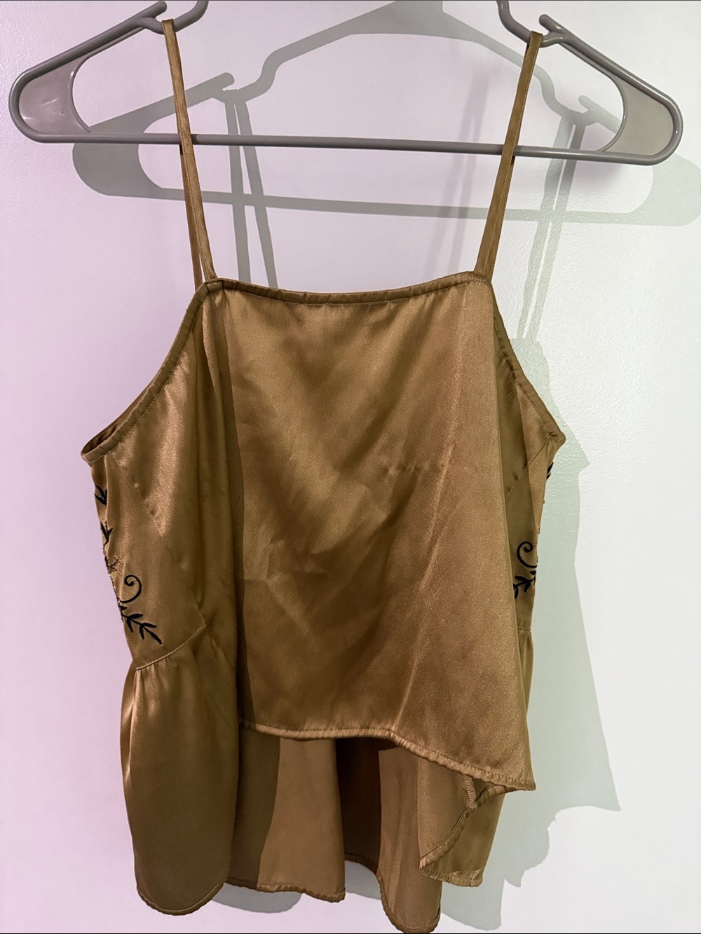 Zara Camel Satin Embroidered Spaghetti Strap Cami with Gold Thread - Picture 6 of 6